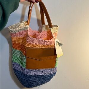 NWT Pastel Colorful Rainbow Stripe Rattan Beach Bag, Leather Envelope Pocket